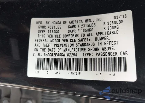 2016 Honda Accord Ex-L z USA, uszkodzony, nr VIN 1HGCR2F85GA182294